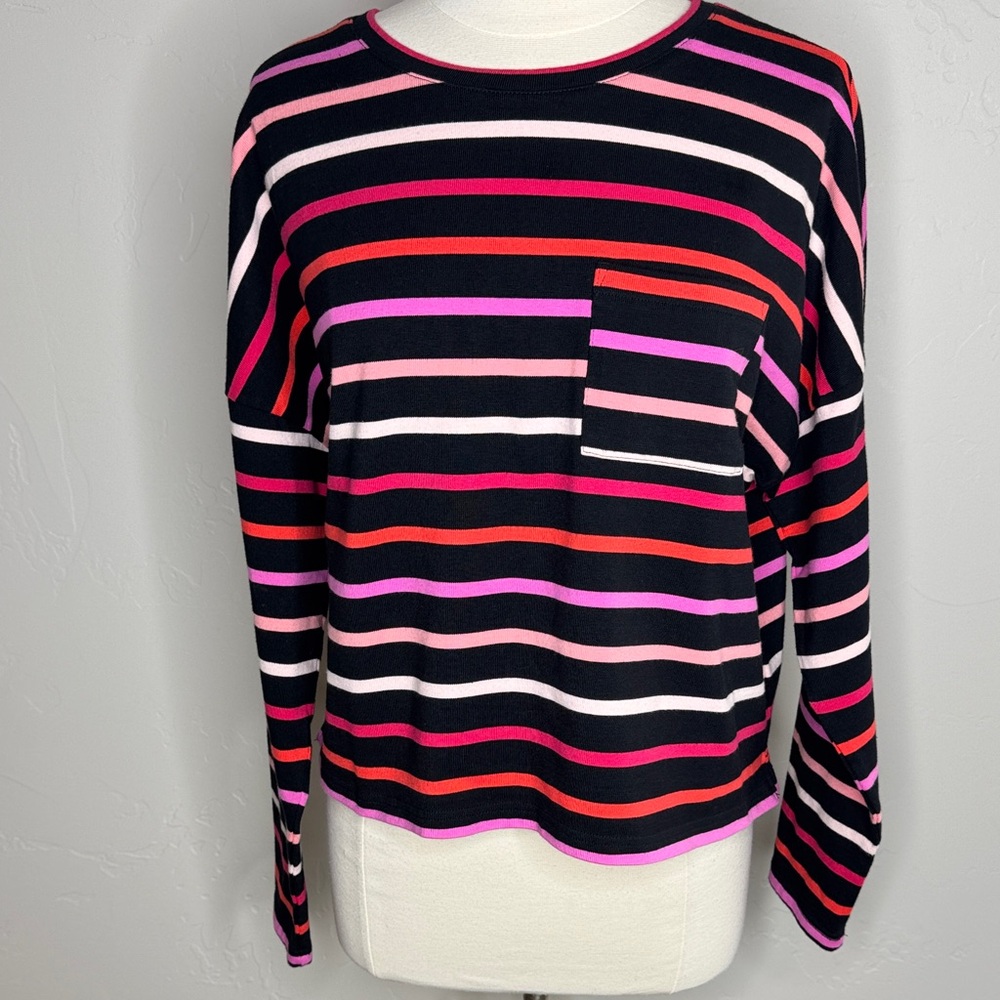Striped Drop Shoulder Long Sleeve Boxy Top - Multicolor